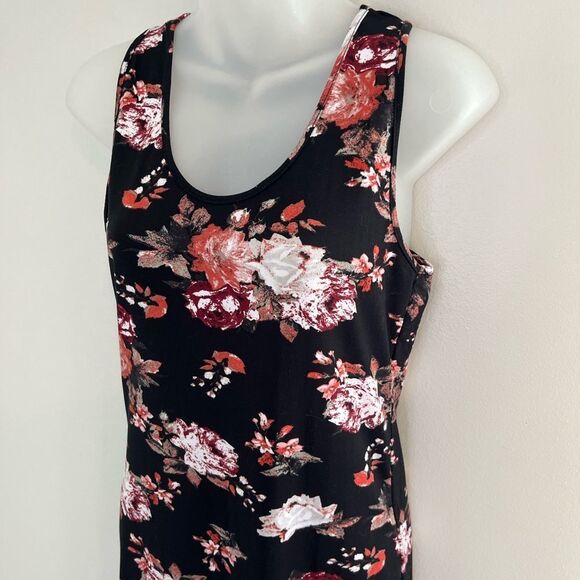 Spark Black Floral Print Midi Form Fitting Sleeveless Dress Size Large - Picture 3 of 7